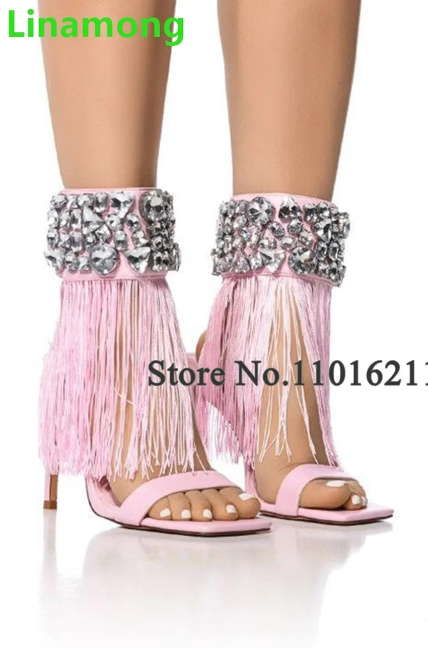 

Tassels Crystal Luxry Square Toe Sandals For Female Women Thin High Heel 2024 New Arrivals Sexy Solid Party Runway Summer Shoes