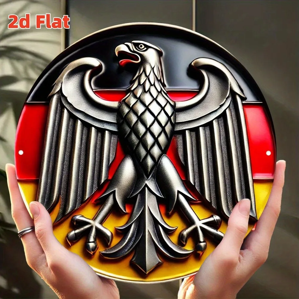 German Coat of Arms Wall Art - 7.8" Round Aluminum Emblem Black Eagle Golden Shield, Durable Indoor Outdoor Hanging Decor for