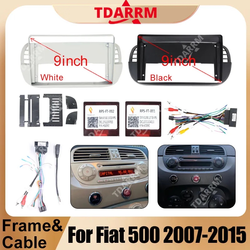 TDARRM 9 Inch Android Radio Fascias Frame For Fiat 500 2007-2015 16Pin Power Harness Wiring Adapter CanBus Box Install Panel Kit