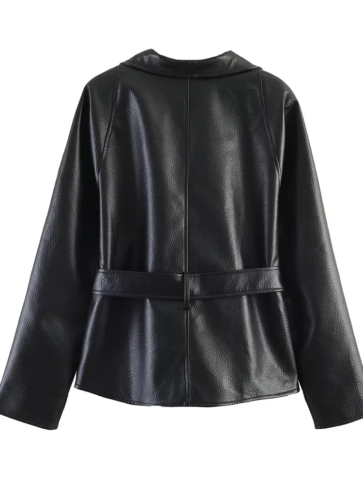 HH Women Summer Spring Elegant New Arrival Black V Neck Wrap Leather Top Spring Belted Waist Long Sleeve Pocket Casual Outerwear