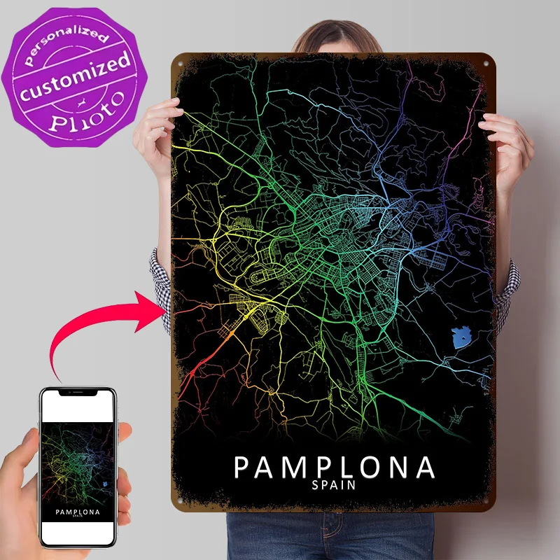 Pamplona Spain City Map 3D Printed Texture Poster Personalized Wall Art Retro Metal Tin Signs for Office Decoration Gaming House