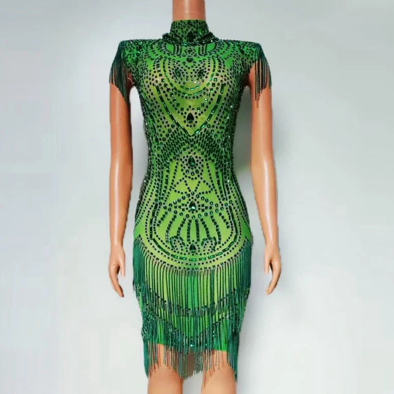 Robe à franges en strass pour femmes, Costume de Jazz, Bar, discothèque, tenue de soirée, vêtements de Festival sur scène