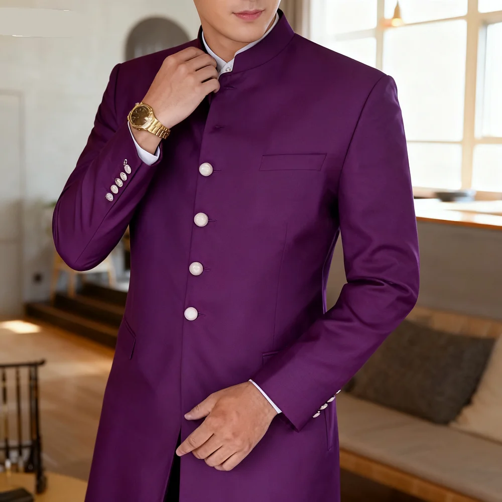 

2pcs Blue Formal Wedding Groomsmen Suit Unique Collar Single Breasted Long Blazer And Pants Slim Fit Men's Wear for Ceremony