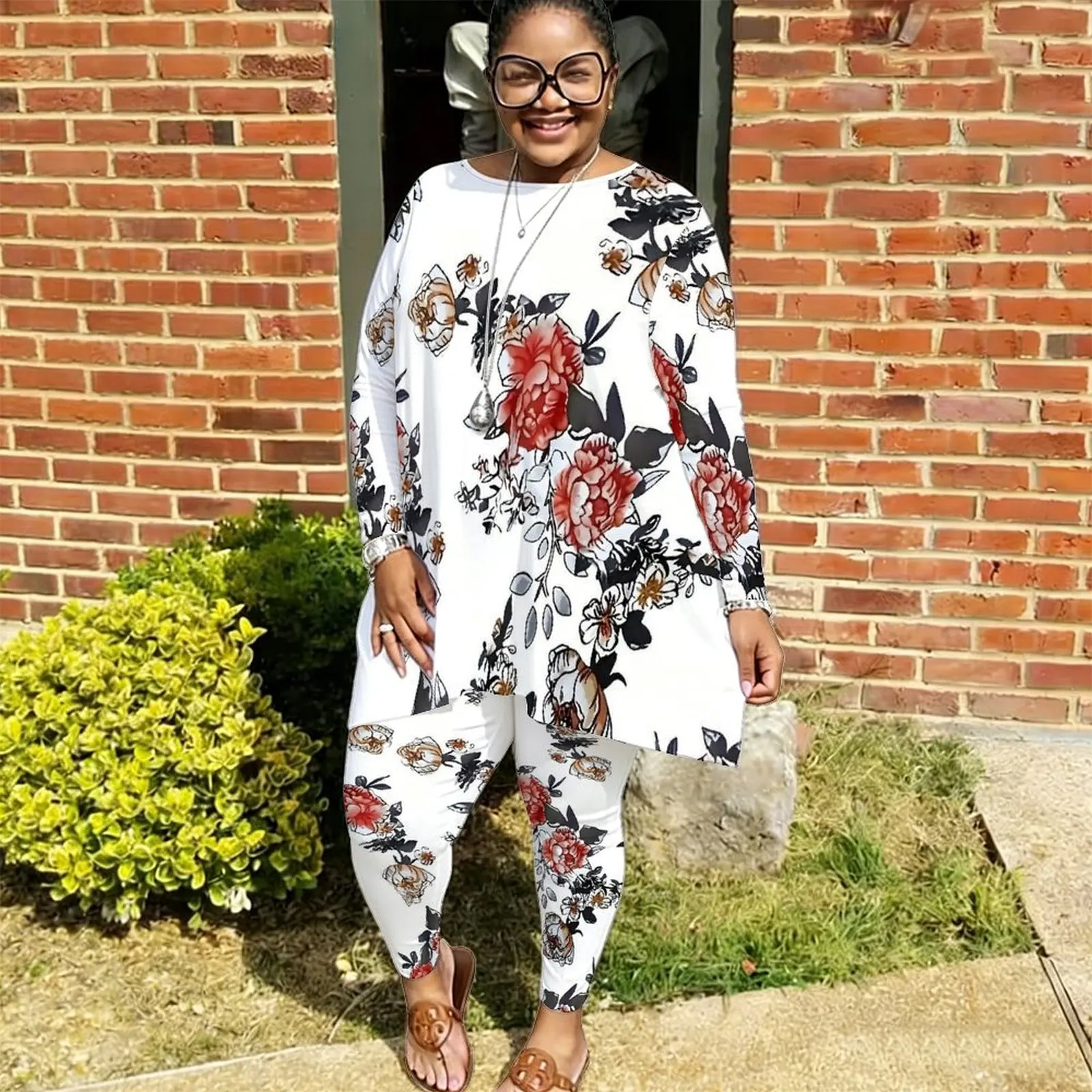 Plus Size Vintage Print Two Piece Set Ladies Casual Long Sleeves Elegance Tops Everyday Street Jogging Pants