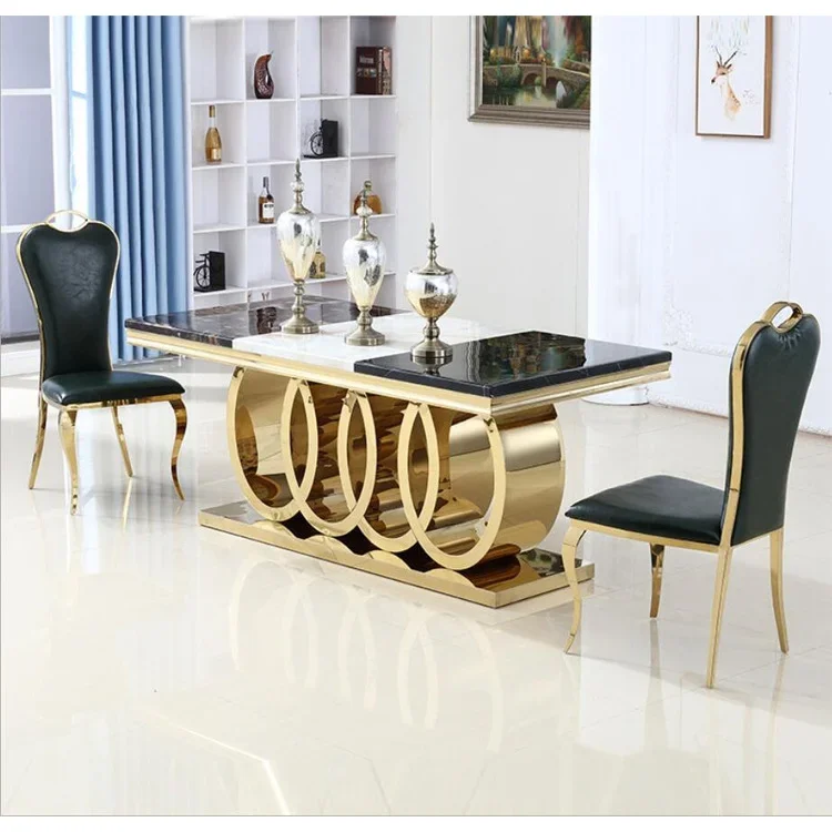 

Furniture Modern Gold Stainless Steel Dining Room Furniture Rectangle Luxury 6 8 10 12 Seater Marble Top Dining Table Sets