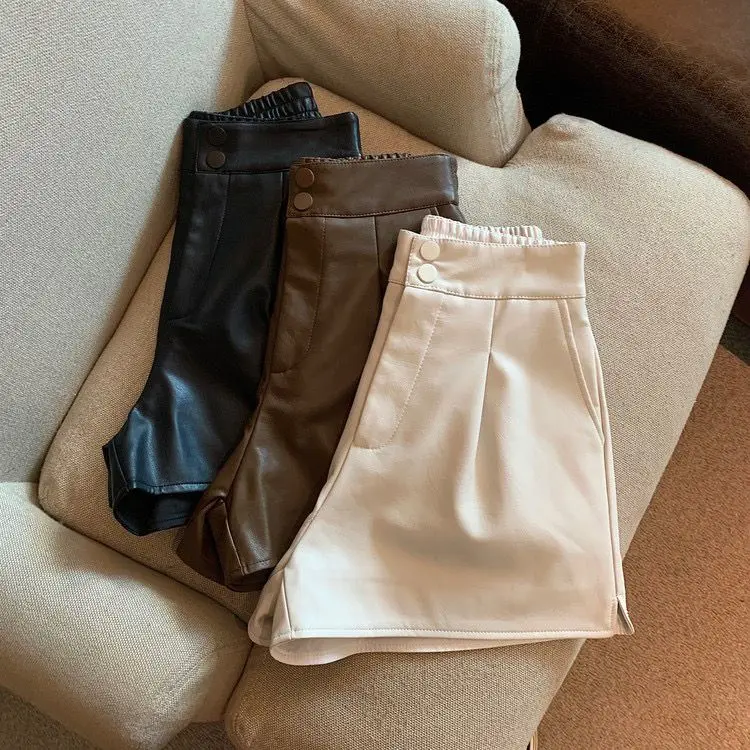 Women Chic Fashion Side Pockets Black Faux Leather Shorts Vintage High Waist Zipper Fly Female Short Pants Mujer PU Y2k Sexy