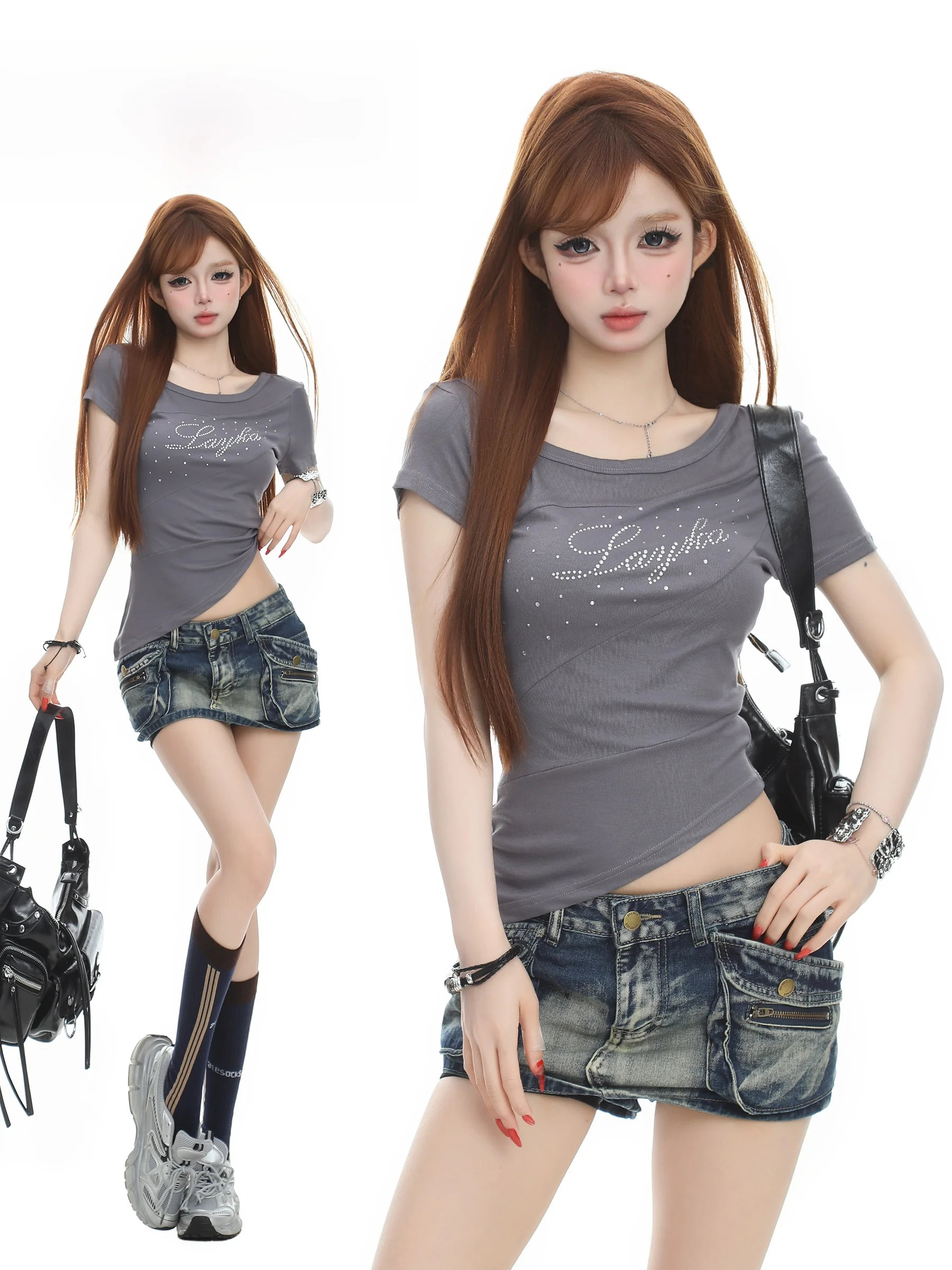 BASTERDS American Retro Letter Rhinestone Irregular Shoulder Short Sleeve T-Shirt Women Summer Spicy Slim Fit Top