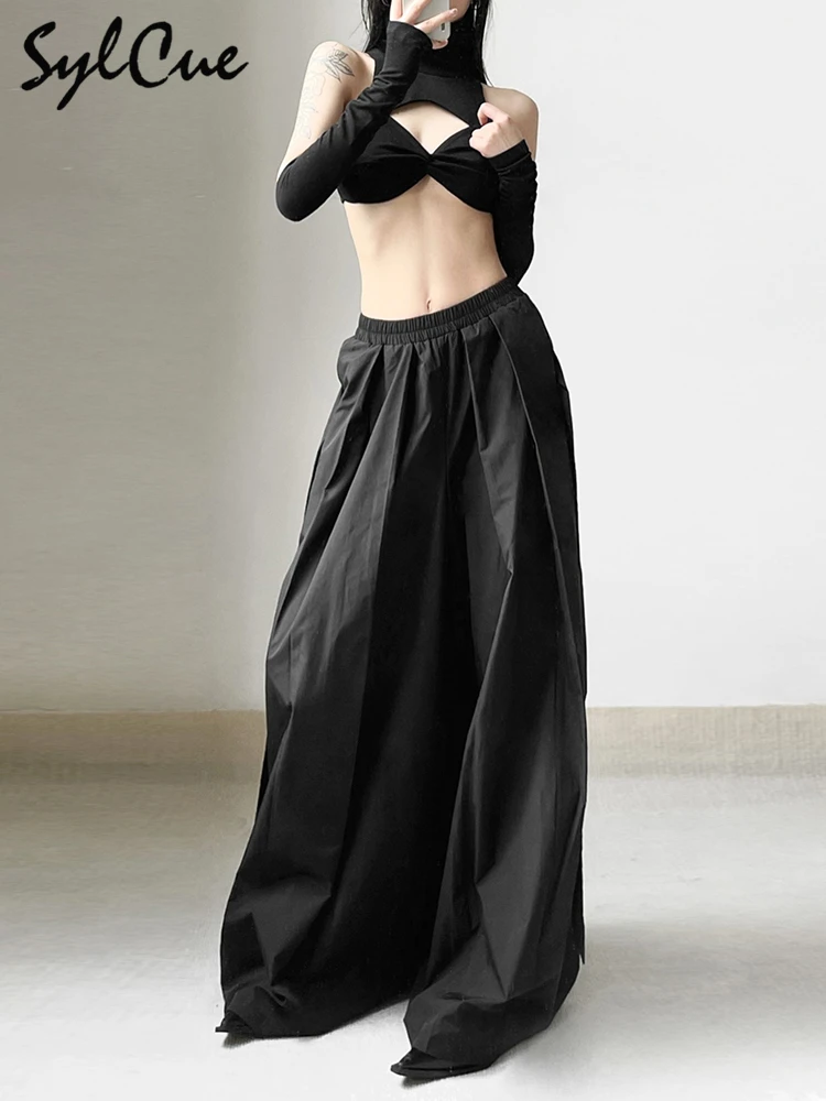 

Sylcue Exaggerated Fashion Trend Personalized Niche Design All-Match High Street Confident Cool Women'S Black Lantern Pants