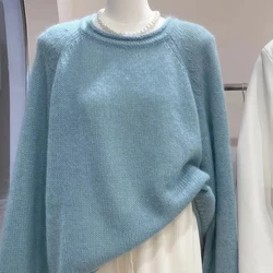 Korean Loose Long-sleeved O-Neck Pullover Women's 100% Merino Wool Sweater Fashion Knit Top Women's Clothes