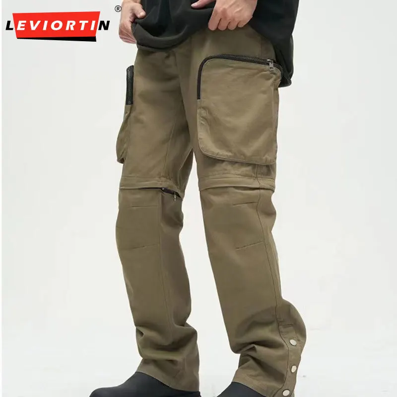 Detachable solid color pants for men with open hem and large pockets for casual street wear, loose elastic waist pants for men