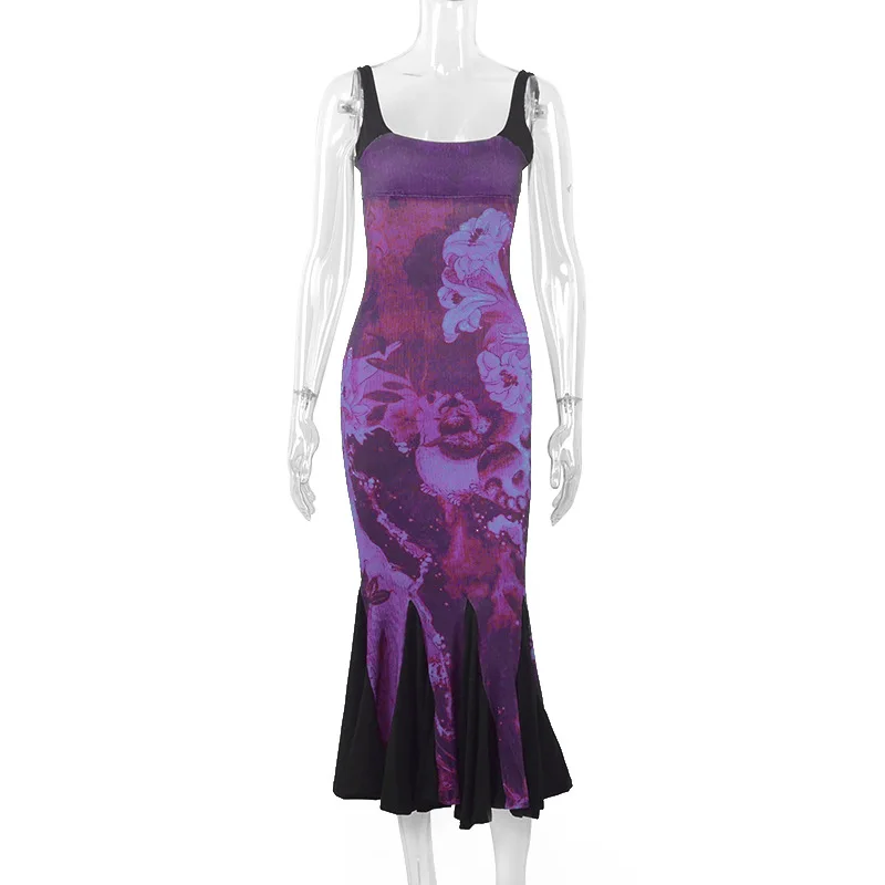 Frauen kleider Explosion y2k lange gedruckt Spleißen kollidieren Farbe Schrott Wind Blume Halfter Kleid Flut