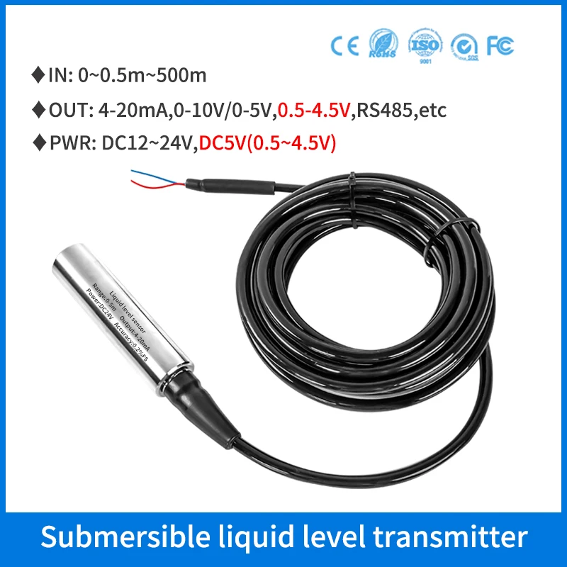 

Water Level Transmitter 5M 10M 20M Liquid Level Sensor 4-20mA 0-10V RS485 Water Level Measuring Instrument Transmitter Sensor