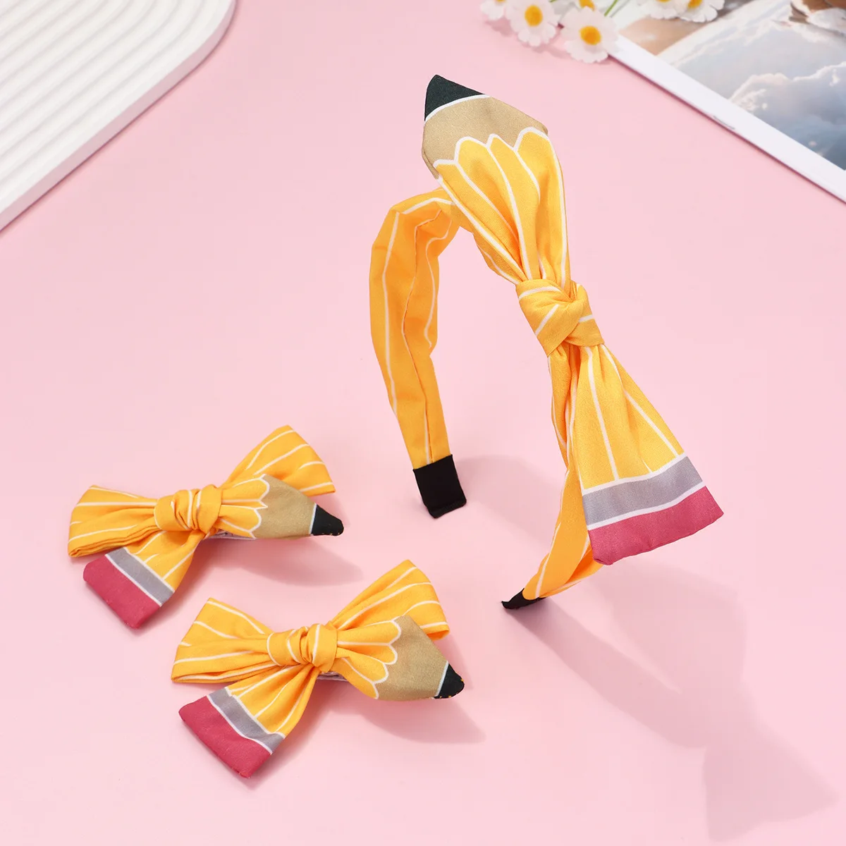 Cute Pencil Print Bow Hair Ties Hairpins Back To School Student Hair Accessories Cartoon Stationery Hair Bands for Girls Kids