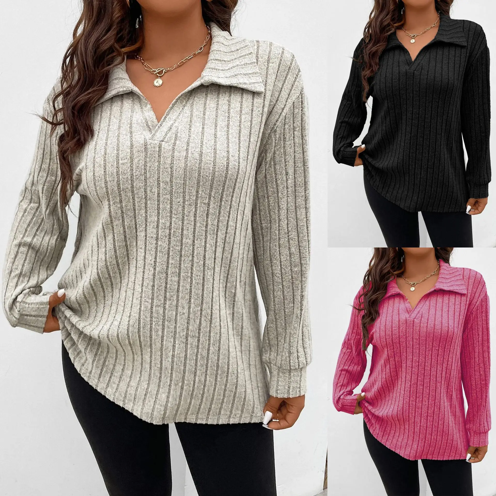 

Plus Size Tshirt for Women Spring Fall Polo Collar Long Sleeve T-Shirt Female Casual Ribbed Knit Solid Tee Tops 2024