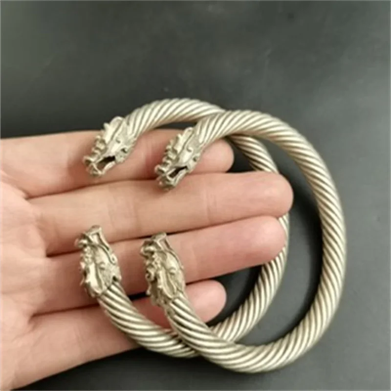 

Jiale/Tibetan Silver Antique Handmade Small Dragon Head Bangles Fashion Personality Fine Jewelry Exquisite Men Women Couple Gift