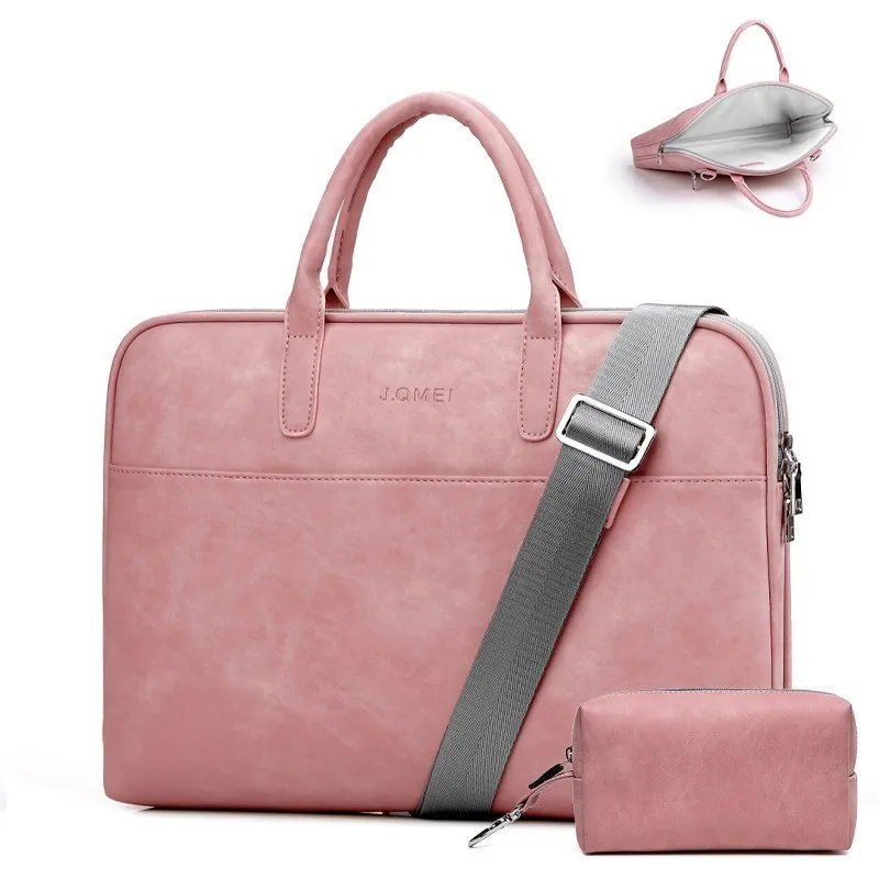 High Quality Woman Pink Leather 13 14 15 Inch Laptop Bags For Luxury Handbags Women Waterproof Notebook Bag Female Messenger Bag