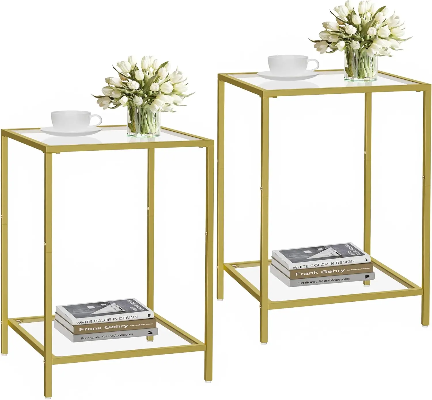 Side Tables Set Of 2, End Table With Tempered Glass, 2-Tier Nightstands With Storage Shelves, Coffee Table With Modern Style,