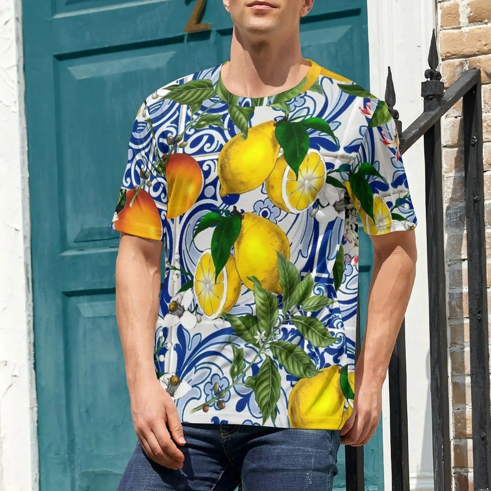 Oversized T Shirt Summer Retro Lemon on Blue Ceramic Tiles T-Shirts  Y2K Fun O Neck Tshirt Mens Harajuku Pattern Tops