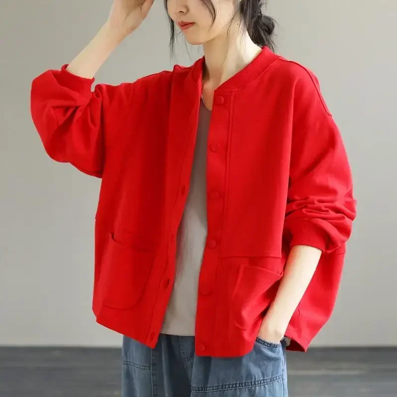 

New Fashion Elegant Solid Color Round Neck Button Pocket Casual and Versatile Long Sleeved Loose Jacket Women's Autumn Winter
