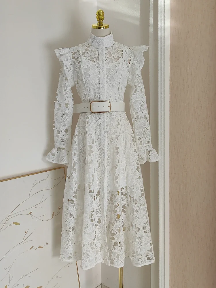 New In French Style Vintage Lace Embroidery Long Dress with Belt Two-piece Butterfly Sleeve Midi Dress Elegant Going Out Wearing