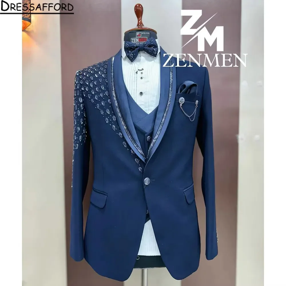 Blue Crystal Beading Groom Wedding Tuxedos Formal Suits Men Custom Made Black Prom Blazer Sets Male Fashion