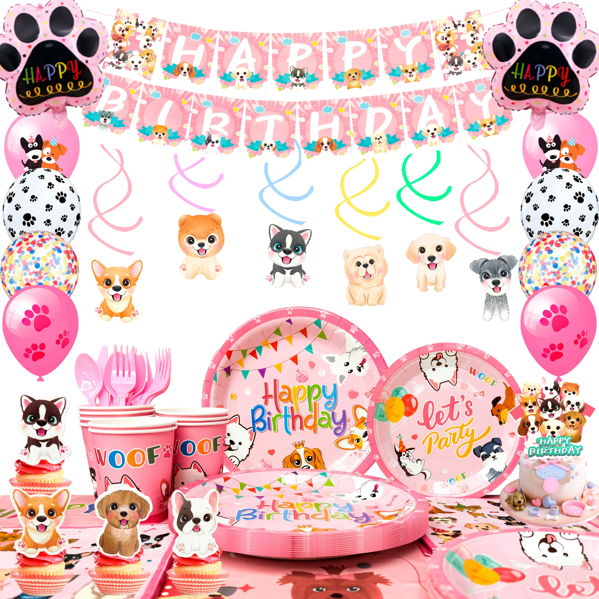 

Puppy Birthday Decorations,161pcs Decorations&Pink Dog Tableware Set- Plates Cups Napkins&Birthday Banner Balloons Cupcake etc