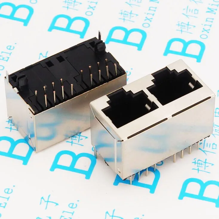 

100PCS RJ45 Socket 5224 Mesh Socket Vvertical 1X2 Dual Double-Port Copper-Shell Gold-plated Needle 1*2 2Pin RJ45 Connector