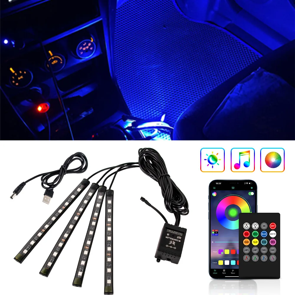 Decorative Lamps RGB Car Neon Lights Strips Music Atmosphere Lamp Light Strip Kit Party Lamps USB/Cig Remote APP Control