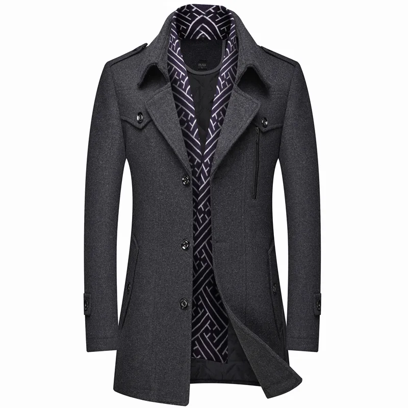 Men\'s Clothing Fashion Trench Coat Thicken Men\'s Woolen Jacket Scarf Collar Mid-length Coat Winter Warm Overcoat Male Clothes