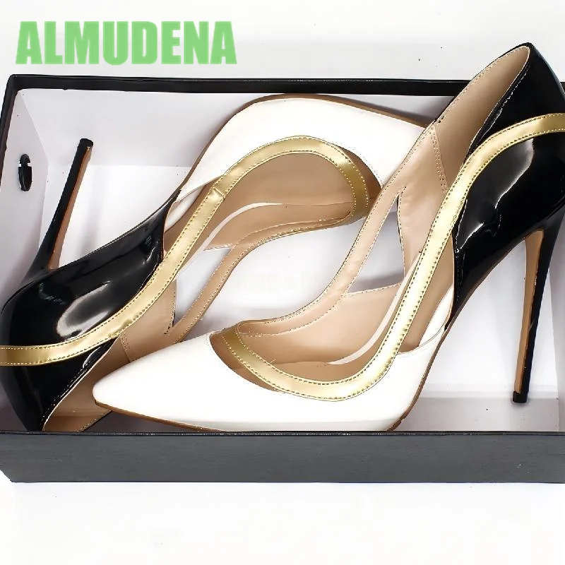 Sparkling Hollow Out Pump Fashionable Light Mouth Color Blocking Design Pointed Toe One Foot High Heels Banquet and Party Shoes