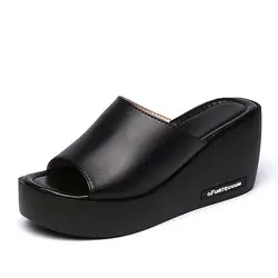 Sandals women slippers high heels ladies mules black wedding party platform shoes peep toe shoes women genuine leather slippers
