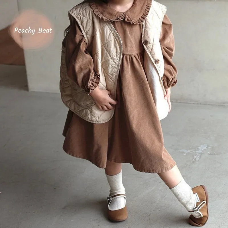 Fashion Baby Girl Cotton Corduroy Dress Infant Toddle Child Peter Pan Collar Vestido Long Sleeve Spring Autumn Baby Clothes 0-5Y
