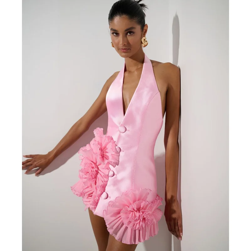 

Pink Stereoscopic Folwer Sexy Deep V-Neck Halter Mini Dress Sweet Woman Birthday Party Dress Date Dress Music Festival Outfit