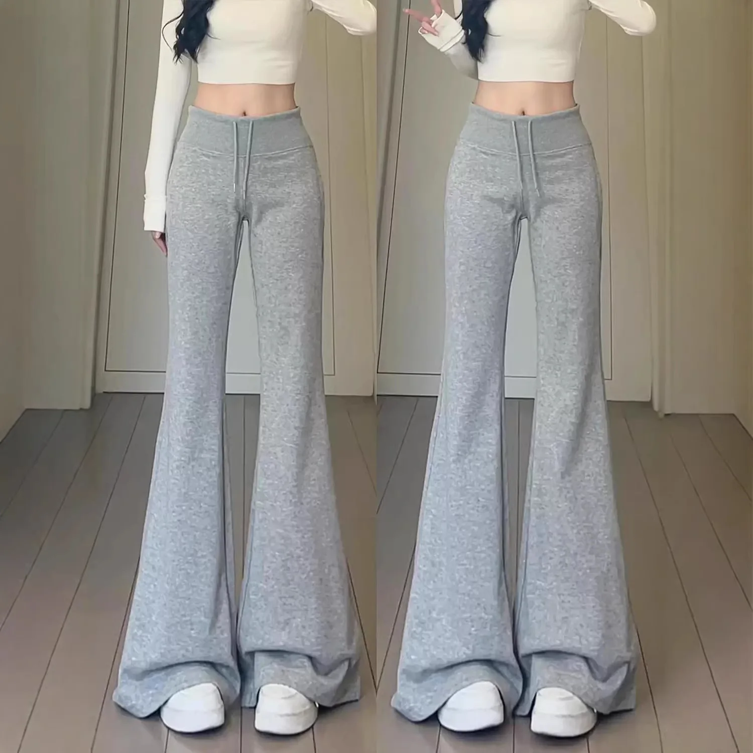 Gray American Hot Girl Retro Micro Flare Sweatpants Women's High Waist Casual Slimming Sports Flare Pants Spring 2026 New