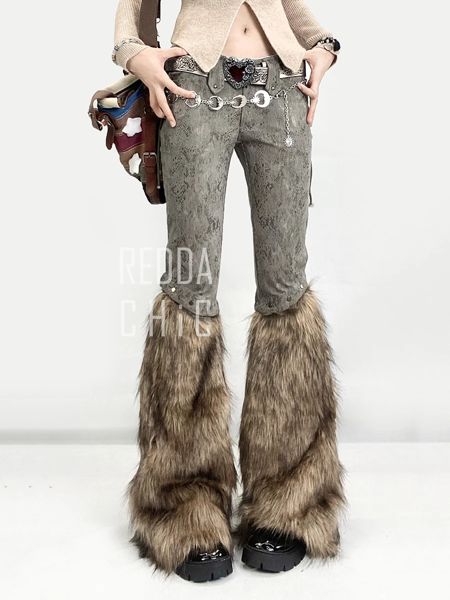 REDDACHiC Faux Fur Women\'s Boot Cut Pants Fuzzy Grayu Y2k Vintage Washed Slim Fit Patchwork Flared Trousers Harajuku Streetwear