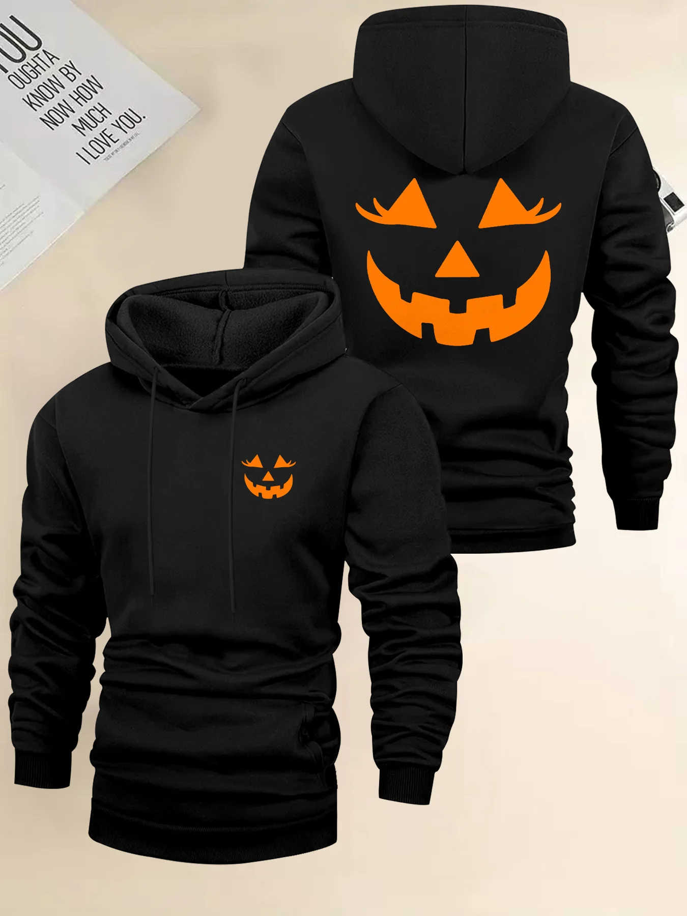 Men's stylishAmerican-style hoodedsweatshirtHalloween pumpkin face printAutumn winter streetwear casualSports essentials hoodies