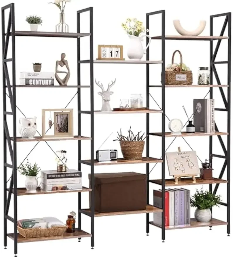 

Triple Wide 5 Tier Bookshelf, Industrial Bookcases and Bookshelves with 14 Open Display Shelves, Modern Tall Bookcase Furniture