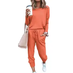 Women's Tracksuit Solid Crewneck Sport Suits Autumn Warm Drawstring Casual Long Sleeve Sweatshirts and Trousers Two Pieces Sets