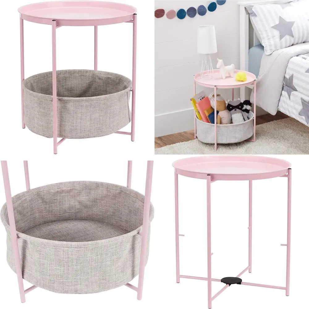 Amazon Basics Round Storage End Table, Side Table with Cloth Basket, Dusty Pink, 17.7D x 17.7W x 18.9H
