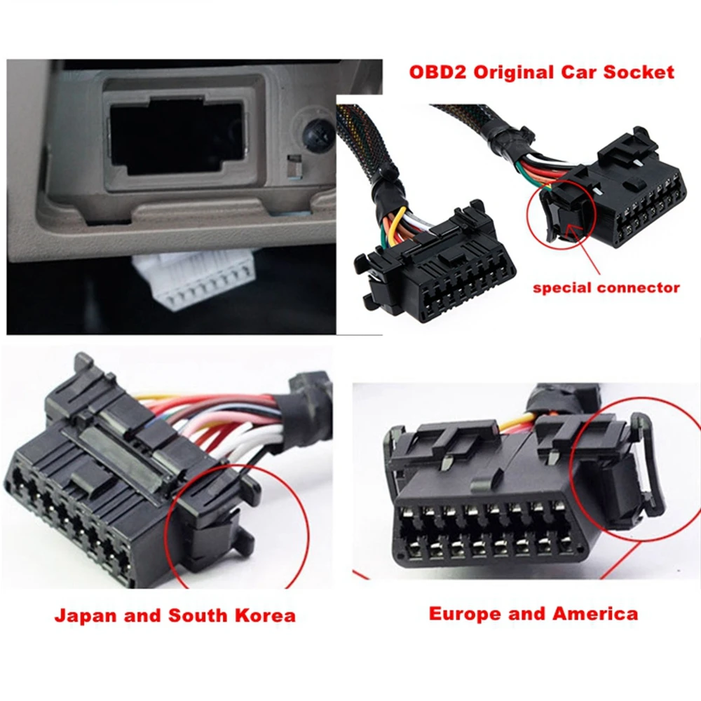 OBD2 Male to Dual Female Elbow Extension Cable with 16pins Available to Connected 1 IN 2 Converted Plug for Kia