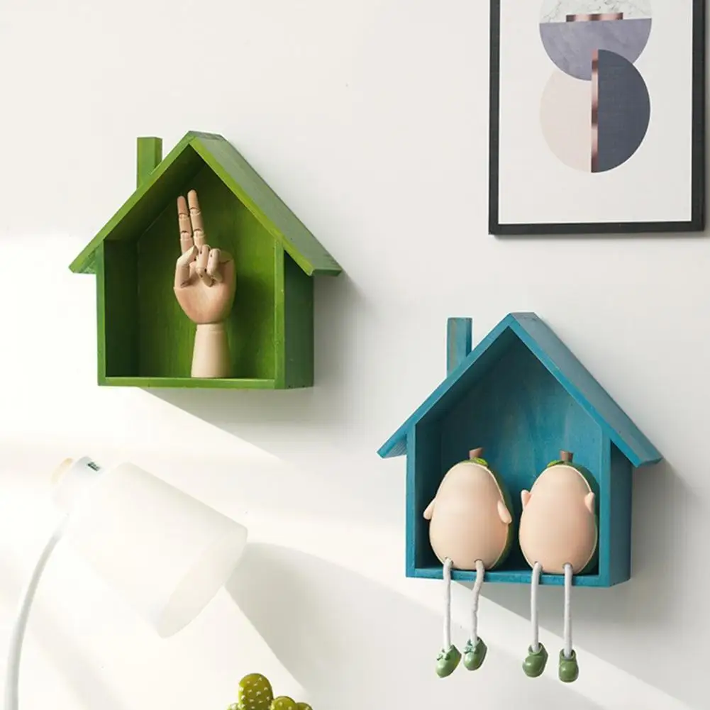 Rustic Wood House Wall Display Shelf, Wall Mounted Decorative Floating Shelf, Small Toys Dolls Organizer For Entryway, Living Ro