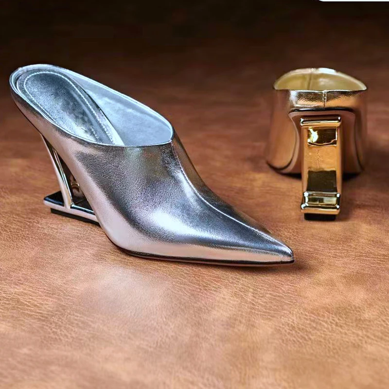 

Women's new summer genuine leather cowhide gold-plated high-heeled wedge heels with toe caps, M ü ller shoes,star style slippers