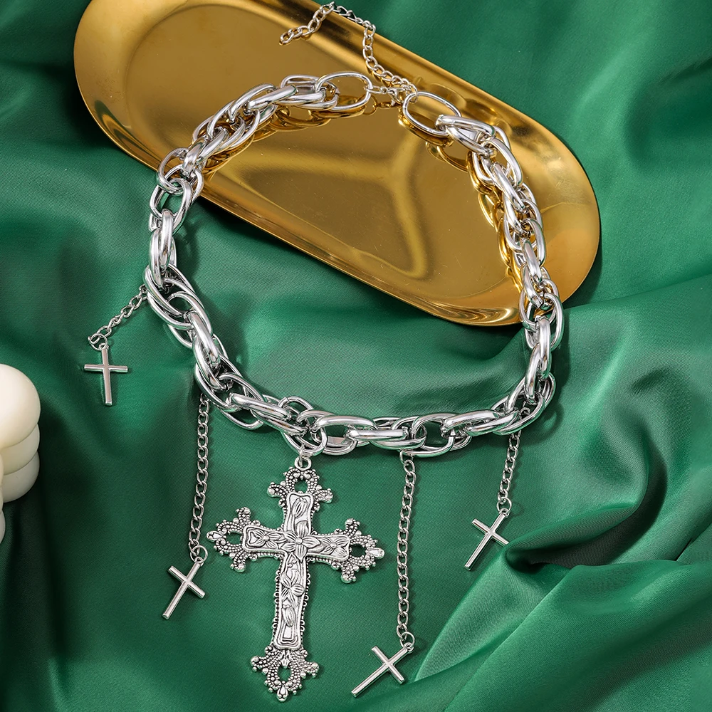 Aihua Goth Streetwear Grunge Big Cross Anhänger Halsketten für Frauen Männer Hals Kette Indie Schmuck Auf Den Hals E Mädchen Halsband – Detail 4