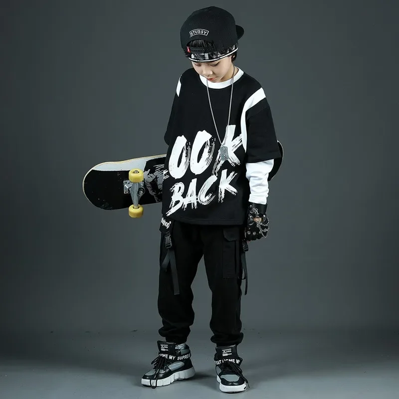 Korean Version of The Boy's Hip-hop Dance Costume Jazz Dance Rehearsal Suit Spring and Autumn Black Skateboard Sportswear