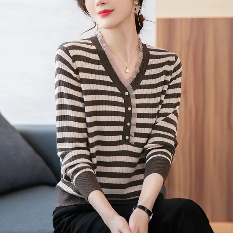 

Autumn and Winter Women's Pullover V-neck Button Stripe Spliced Mesh Loose Knitted Bottom Shirt Casual Fashion Long Sleeve Tops