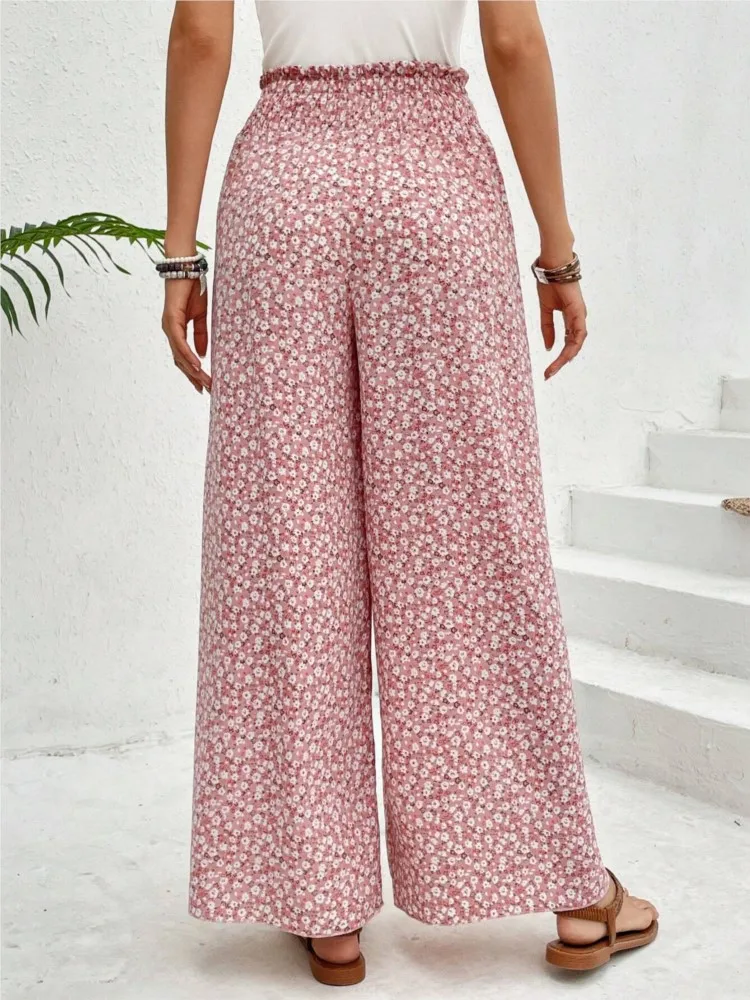 Luźne spodnie damskie Boho Casual Wide Leg Long Pant 2024 Summer New Fashion Floral Side Slit Spódnica z szerokimi nogawkami Kobiety Wakacje na plaży