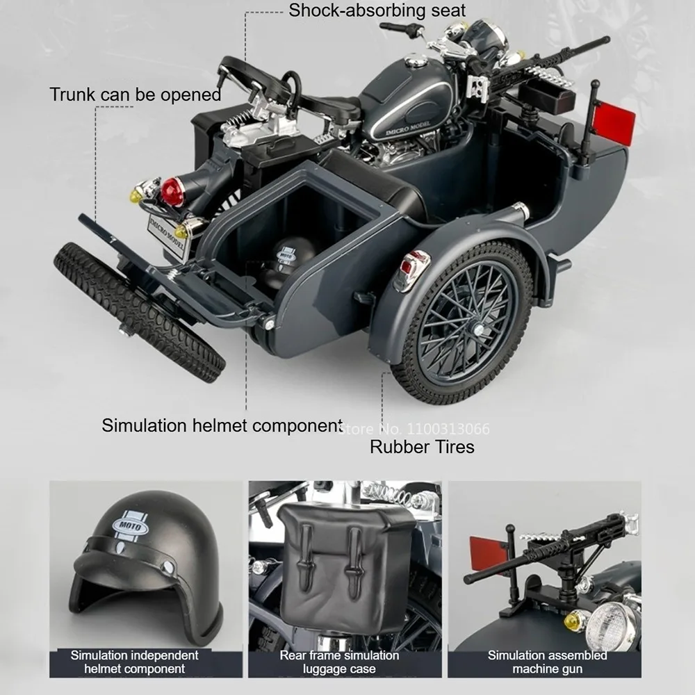 1:10 Scale Sidecar Motorcycle Model Toys Alloy Diecast Shock-absorbing Seat Front Wheel Steering Rubber Tires Toy Motorbike Gift
