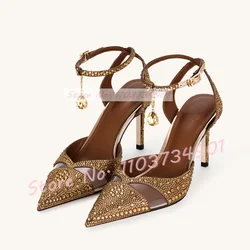 Gold Crystal Bling Pointy Toe Sandals Women Pvc Splicing Thin High Heel Sandals Trendy Diamond Pendant Ankle Strap Sparkly Shoes