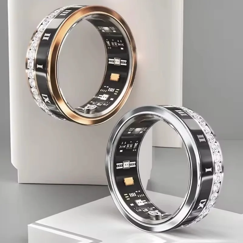 V2 Smart Ring Diamond-Encrusted Titanium Steel Heart Rate Sleep Tracker Multi-Sport Bluetooth Fitness Ring for Men Women