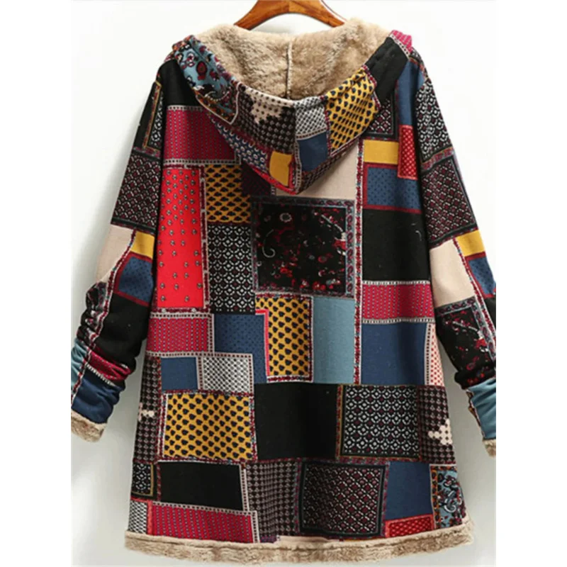 Hooded long-sleeved printed plush coat casual retro coat clothing fall jacket for women winter jacket warm plush outerwear top